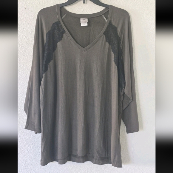 Natori Blouse Women XL Long Sleeve Brown Lace  Vneck Casual Minimalist - Picture 3 of 10